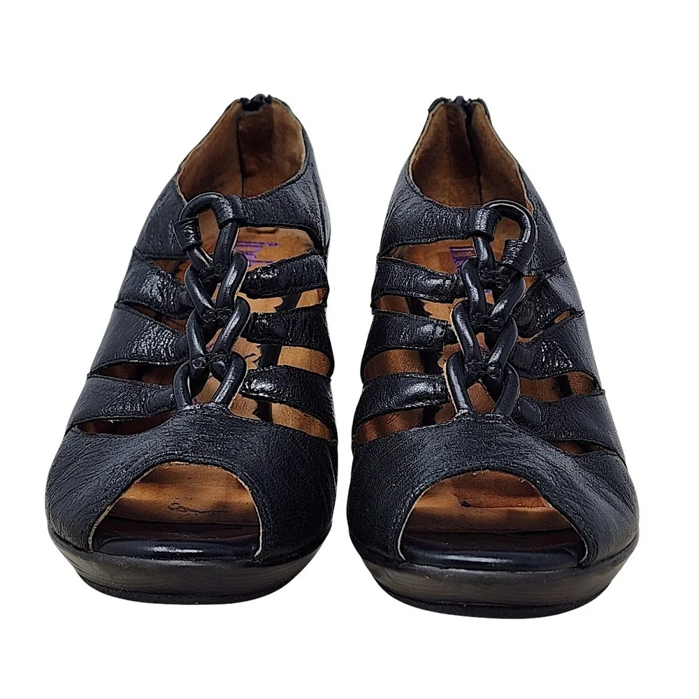 Indigo Clarks Heels 8M Wom Pumps Black Leather Strappy Peep Toe Retro Whimsigoth